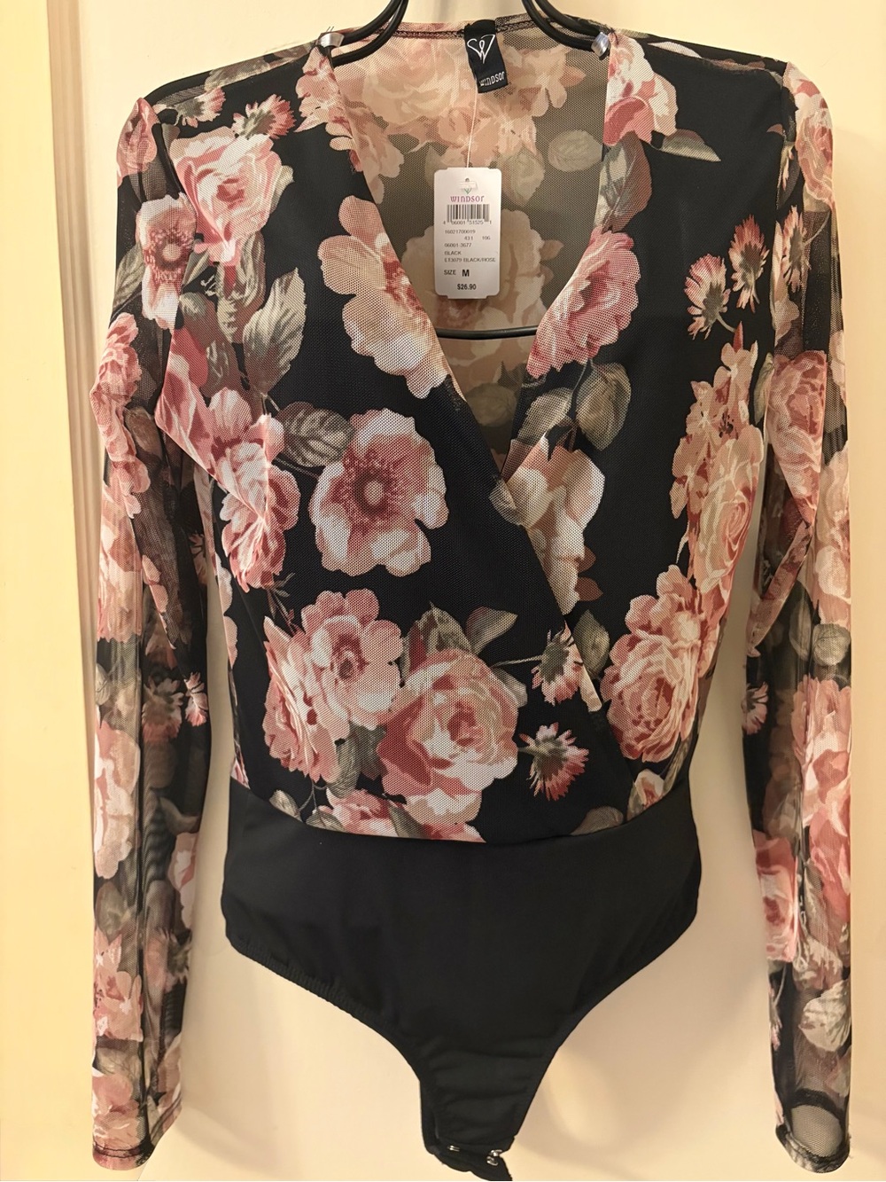 Black Floral Wrap-Front Long-Sleeve Bodysuit - Picture 3 of 8
